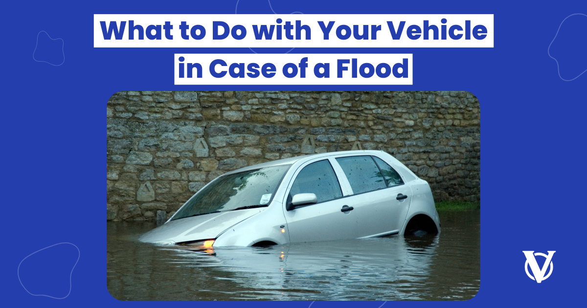 A submerged car on a flooded street with murky water reaching the windows, highlighting the dangers of driving during heavy rain. A reminder for vehicle owners to follow flood safety tips and secure car insurance coverage.